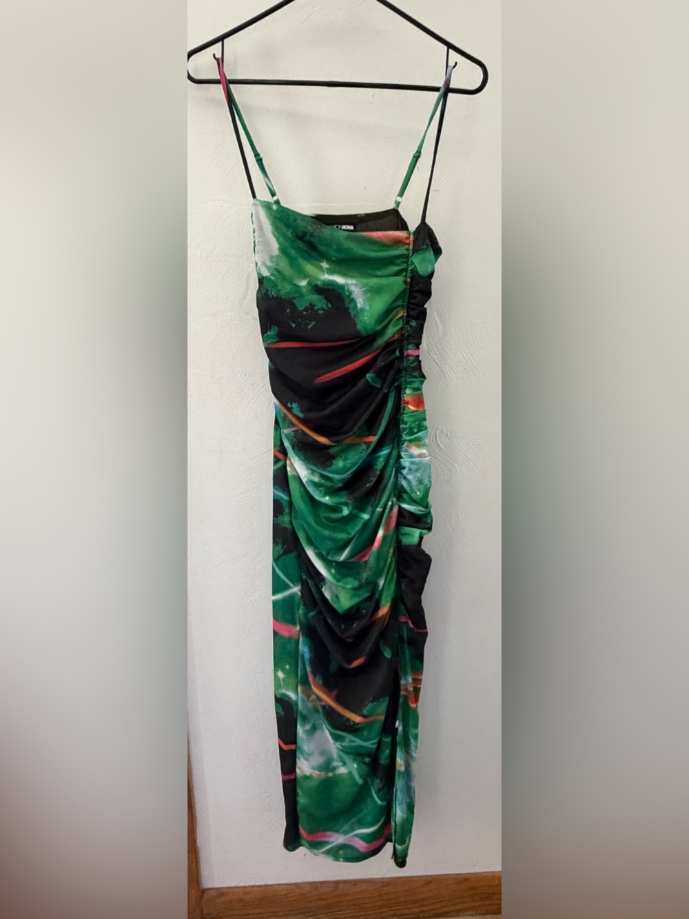 Fashion Nova Green Marble Ruched Maxi Slip Dress with Pink Accents
